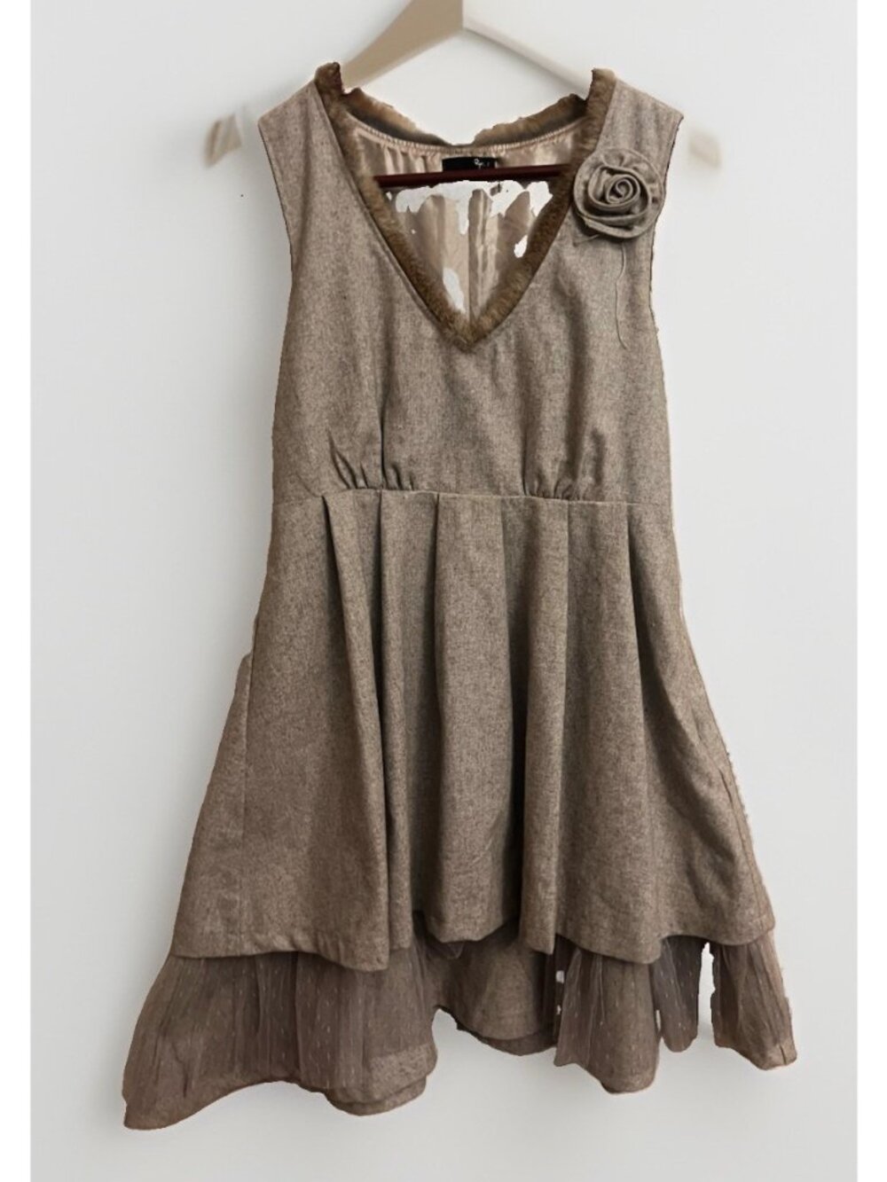 Anthropologie Dress Ryu Womens S Brown Grey Tulle Balletcore Winter Fairy Fur.